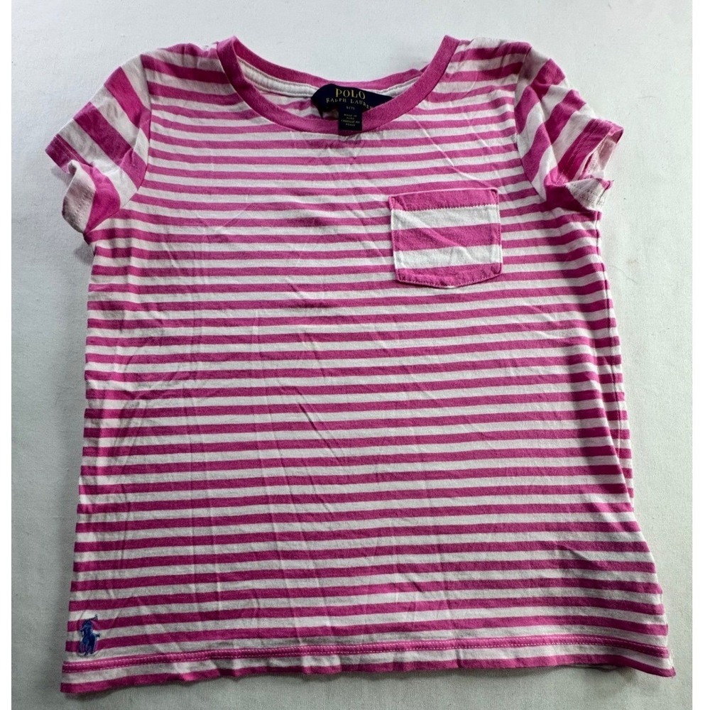 Polo Ralph Lauren Girls T-Shirt Size S (7) Pink White Striped Pocket Tee Cotton